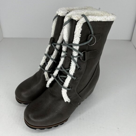Time And Tru Womens Faux Trim Leather Brown Lace Up Size 7 Wedge Boots - Picture 1 of 9